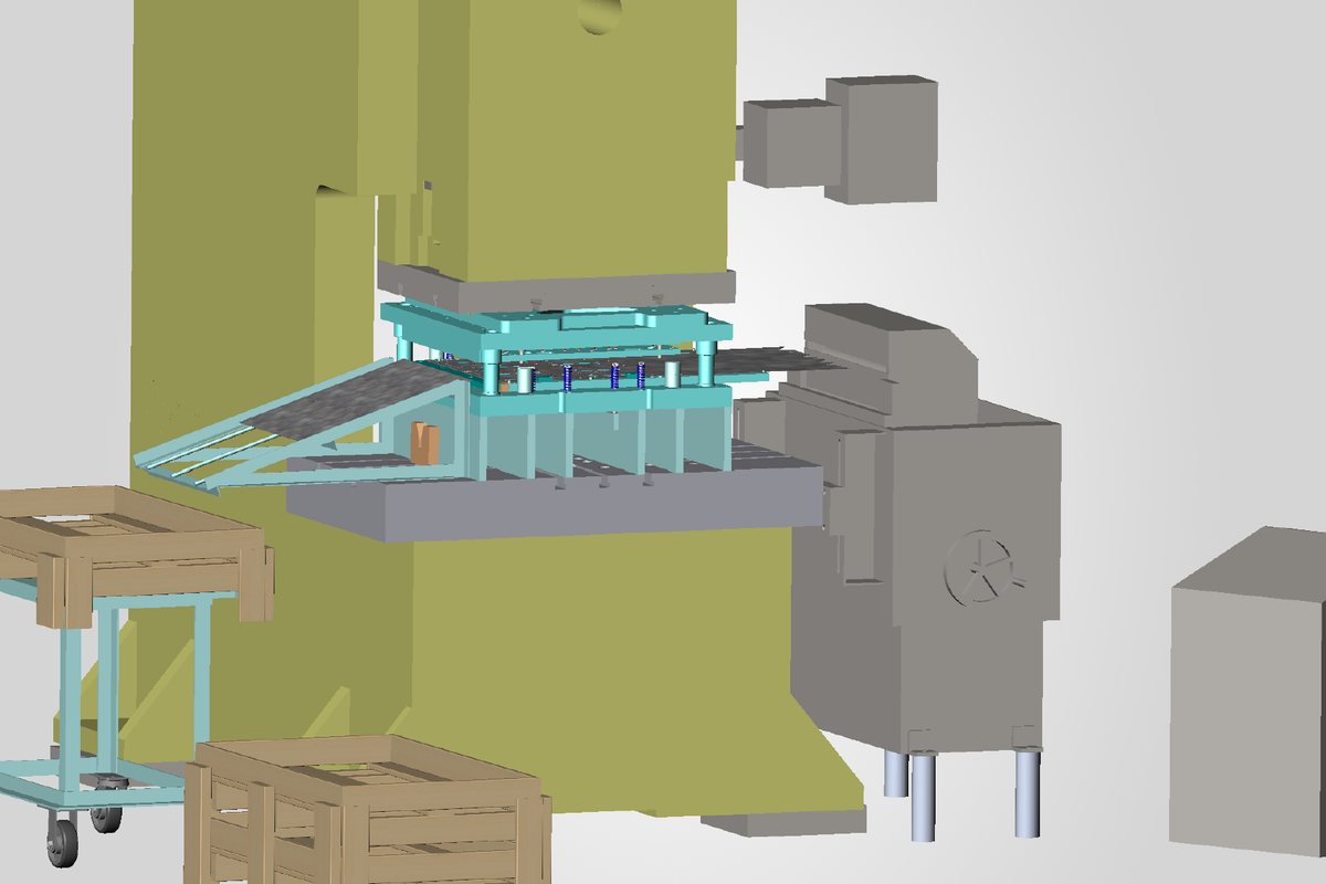 Simulation-enabled digital twin of a stamping press with die set, feeder, controller and virtual parts in a crate