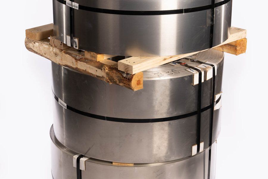 A coil of steel strip on the pallet