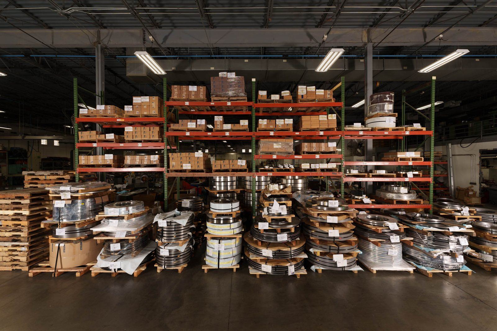 Coil stock in the warehouse at Frontier Metal Stamping